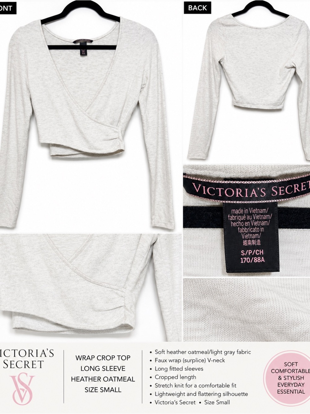 Victoria’s Secret Wrap Crop Top Long Sleeve Heather Oatmeal Size Small